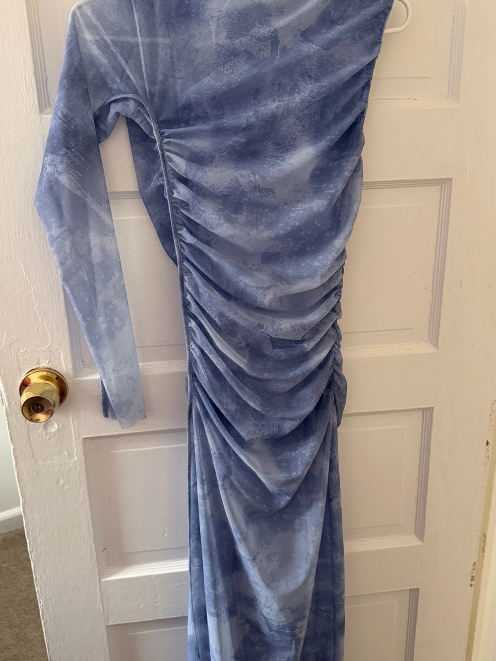 Zara Asymmetrical Long One-Shoulder Ruched Dress in Dusty Blue